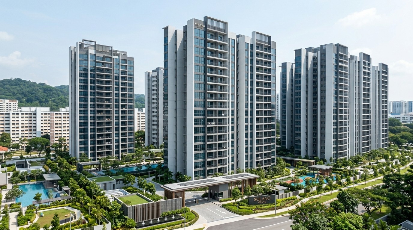 Aerial view of Solano Grand towers with pools, gardens and the gatehouse