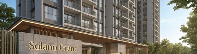 Solano Grand entrance with stone signage and drop-off canopy