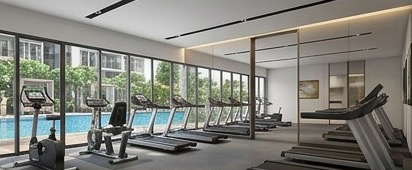 Fitness studio: Cardio row facing the pool