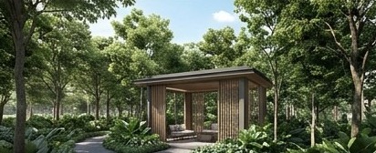 Forest Pavilion: Shaded seating in the garden